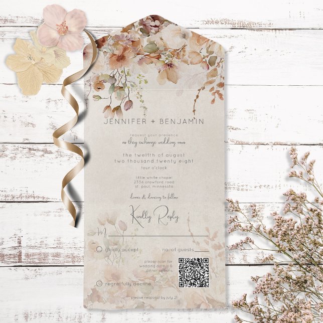 Código QR Floral Rústico Neutro Tan Rosa e Pêssego (Criador carregado)