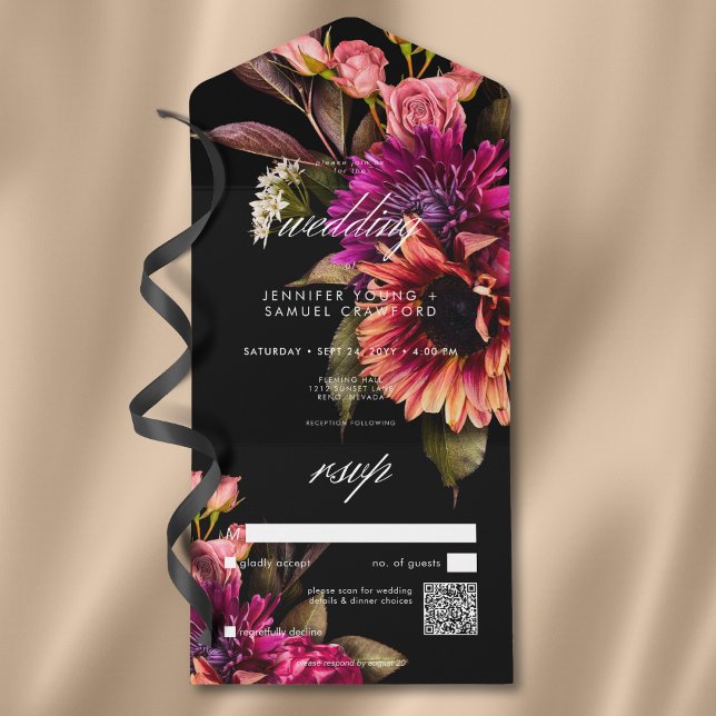 Código QR Floral Sunset da Elegante Vibrante Solar (Elegant Moody Vibrant Sunset Floral QR Code All In One Invitation)
