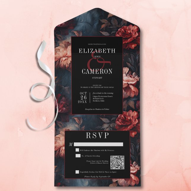 Código QR Floral Vermelho e Cor-de-rosa - Gótico E (Dark Gothic Vintage Red & Pink Floral All in One Wedding Invitation with QR Code)