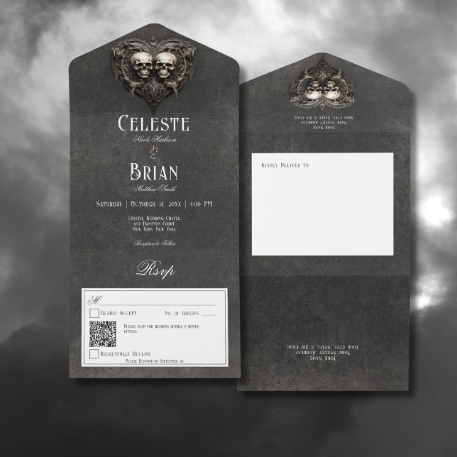Código QR Gótico Preto e Branco e Coração (Gothic Black & White Skulls & Heart All In One Wedding Invitation with QR Code)