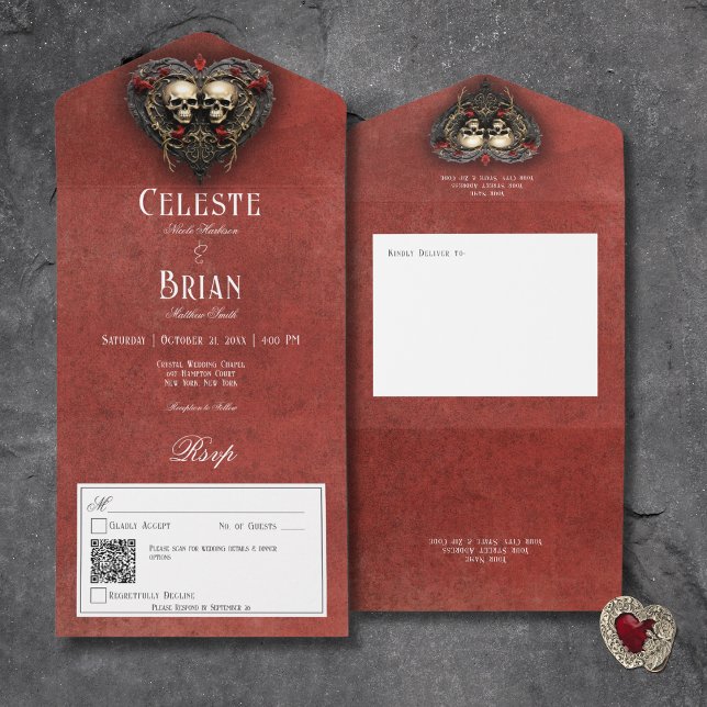 Código QR Gótico Preto e Vermelho e Coração Vermel (Gothic Black & Red Skulls & Heart Red All In One Wedding Invitation with QR Code)