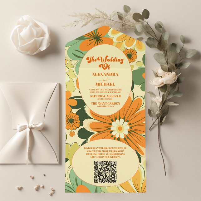 Código QR Groovy Boho Retro Casamento Floral (Criador carregado)