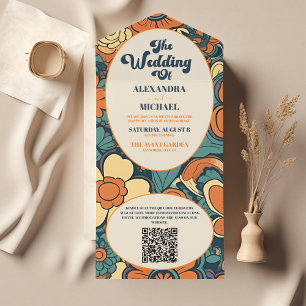Código QR Groovy Colorido Retro 70s Casamento Flor