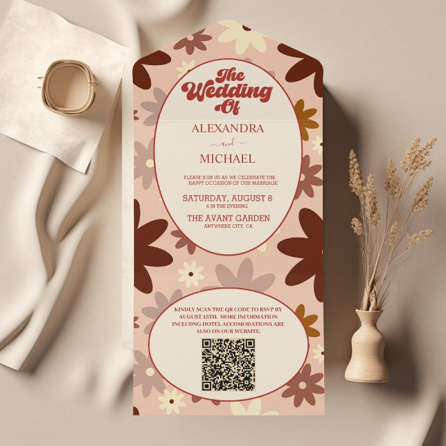 Código QR Groovy Modern Retro 70s Casamento Floral (Criador carregado)