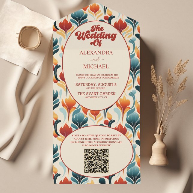 Código QR Groovy Retro 70s Casamento Floral (Criador carregado)