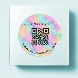 Código QR iridescente e adesivo redondo de texto p