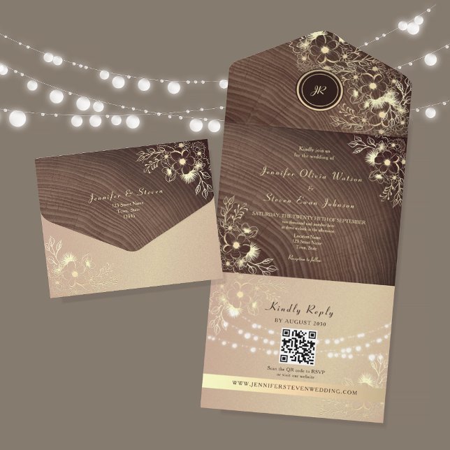 Código QR Madeira Rústica Rosa Dourado Casamento (Criador carregado)