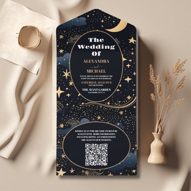 Código QR Midnight Azul Estrelas Azuis Lua Casamen (Criador carregado)