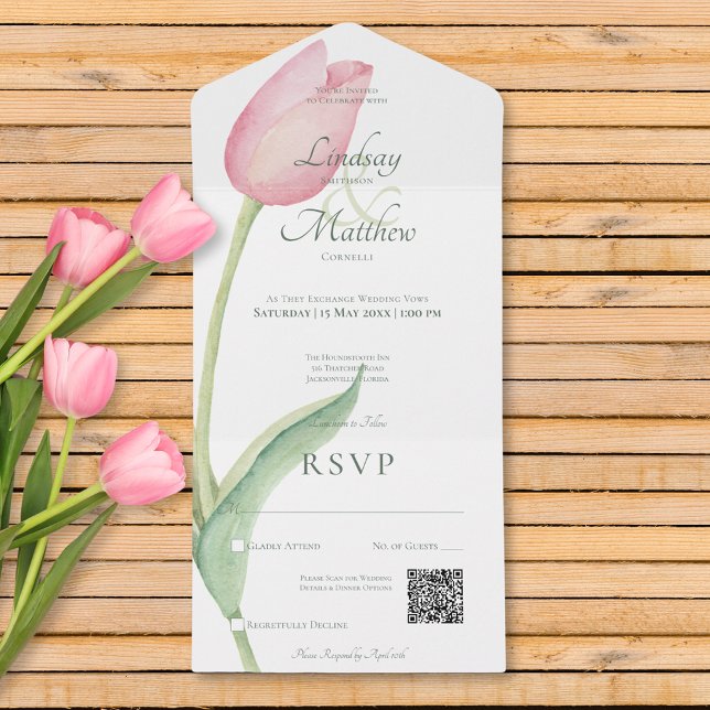 Código QR Moderno cor-de-rosa brilhante Tulip Solo (Blush Pink Tulip Solo Pink Modern QR Code All In One Invitation)