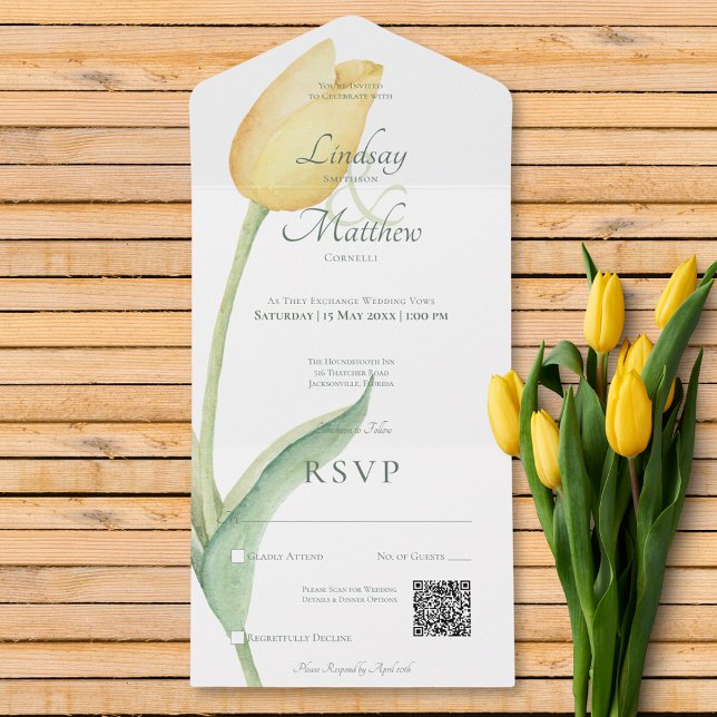 Código QR Moderno cor-de-rosa cor-de-rosa-amarelo  (Pale Yellow Tulip Solo Pink Modern QR Code All In One Invitation)