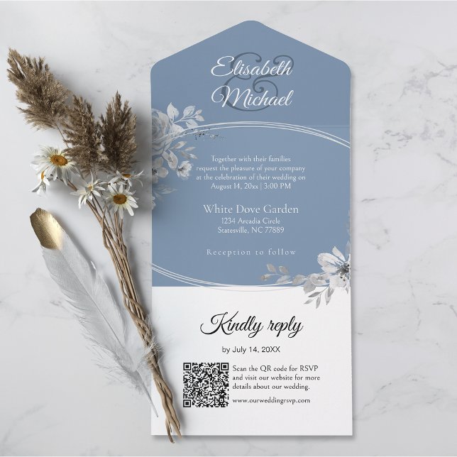 Código QR Monograma Casado de Dusty Elegante RSVP (All-in-one wedding invitation with QR code to RSVP - Simplify and save time for you and your guests.)