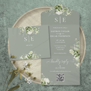 Código QR Monograma Verde de Vegetação Casamento