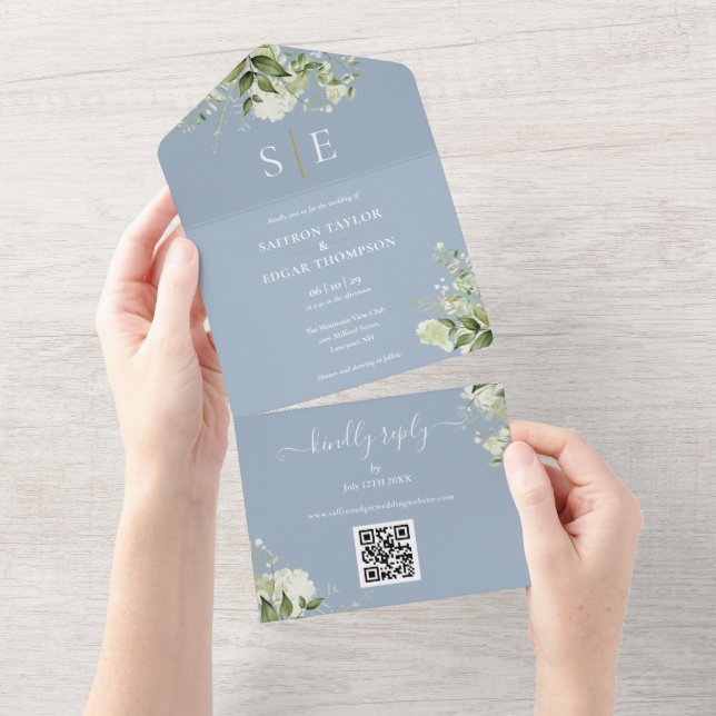 Código QR Monograma Verde Folhagem Casamento Azul  (Tearaway)