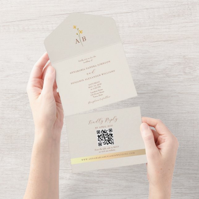 Código QR Neutro Casamento Flor Silvestre Dourado  (Aba destacável)