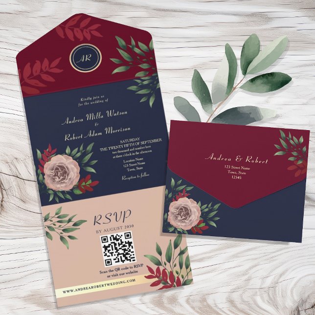 Código QR Outono Borgonha Azul Marinho Casamento (Criador carregado)