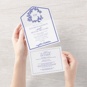 Código QR Periwinkle Leafy Crest Monograma Casamen