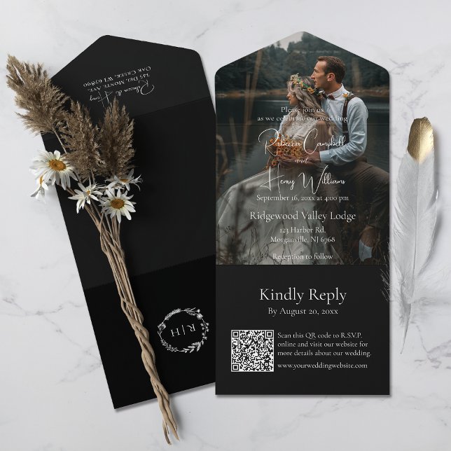 Código QR Preto Moderno | Foto | Casamento Monogra (Save money and time. This all-in-one invitation includes a QR code for guests to  easily RSVP online)