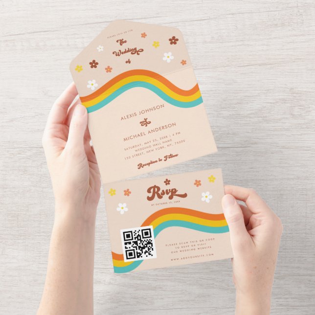 Código QR Retrô Groovy Daisy Rainbow Casamento Hip (Tearaway)