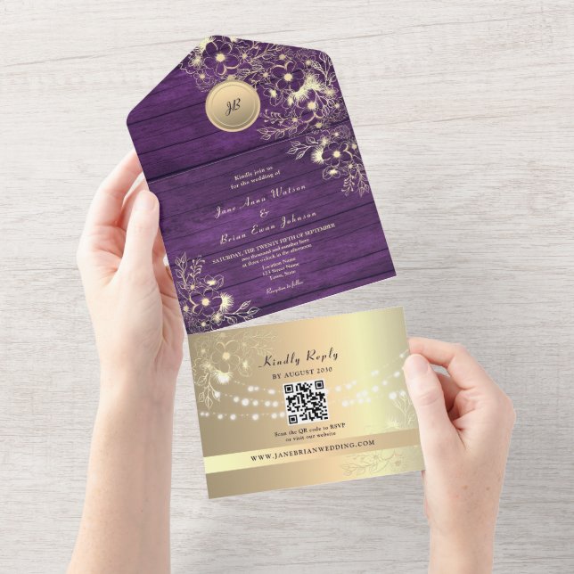 Código QR Roxo Dourado Rústico Luzes Casamento (Aba destacável)