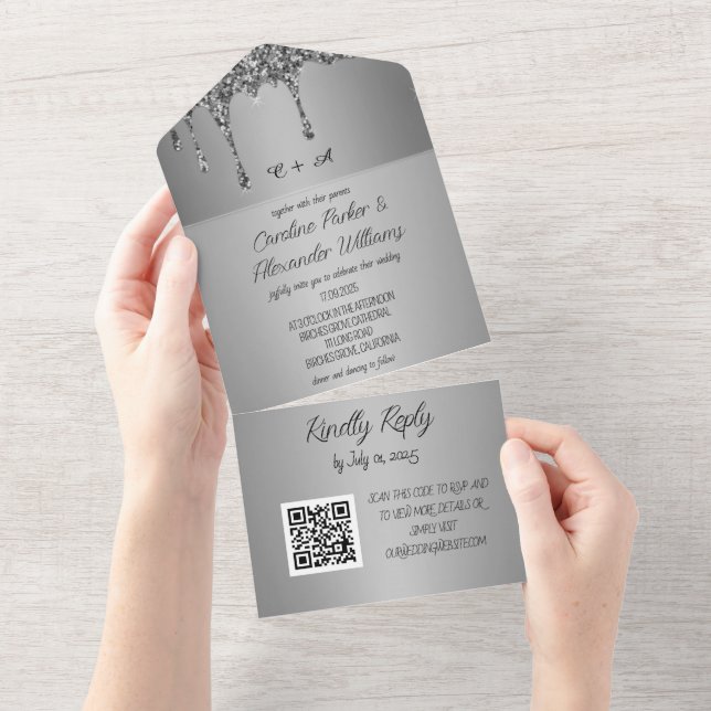 Código QR RSVP de Script de Cinza Glitter Silver S (Aba destacável)