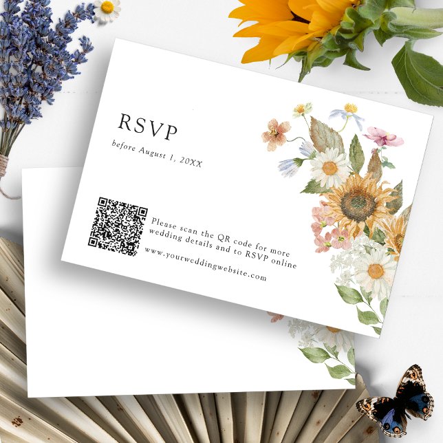 Código QR RSVP Girassol (Boho Wildflower Sunflower Watercolor Floral RSVP Card QR Code by Painted Paperie
)