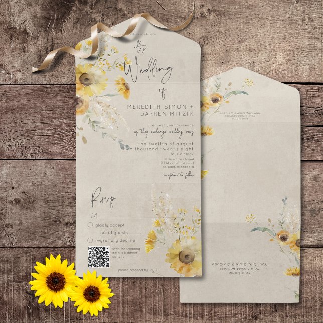 Código QR Russo Amarelo e Marrom de Verão Sunflowe (Rustic Yellow & Brown Summer Sunflower All In One Wedding Invitation with QR Code)