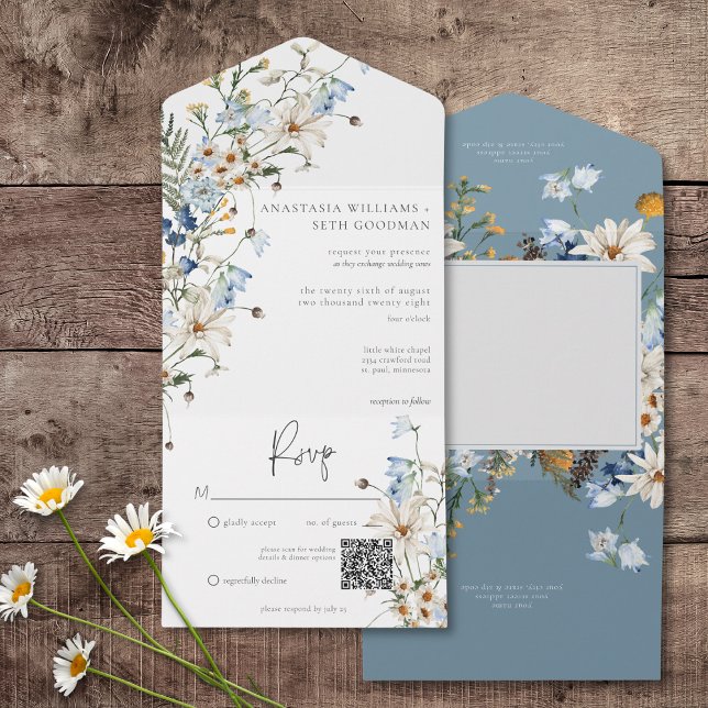 Código QR Rustic Dusty Blue Wildflower & Daisiers (Rustic Dusty Blue Wildflowers & Daisies All In One Wedding Invitation with QR Code)