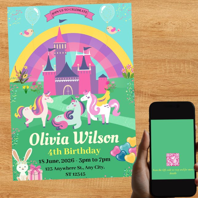 Código QR Unicórns Rainbow Magic Birthday Convite (Criador carregado)