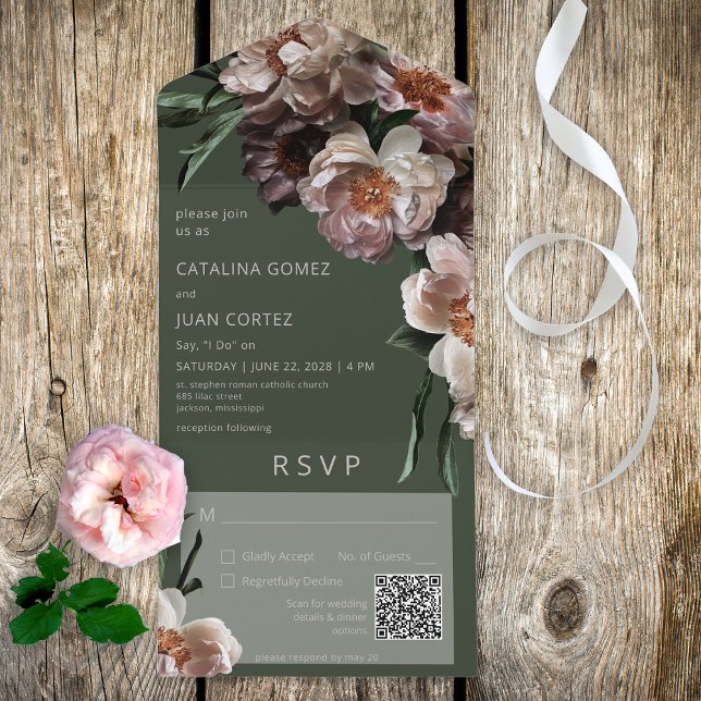 Código QR Verde da Flor Escura Moderna (Also available without a QR code; with or without dinner selection options.)