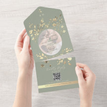 Código QR Verde Sage Dourado Floral Casamento