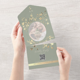 Código QR Verde Sage Dourado Floral Casamento