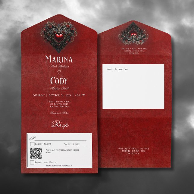 Código QR vermelho vermelho vermelho do coração pr (Gothic Black & Red Filigree Heart Red All In One Wedding Invitation with QR Code)