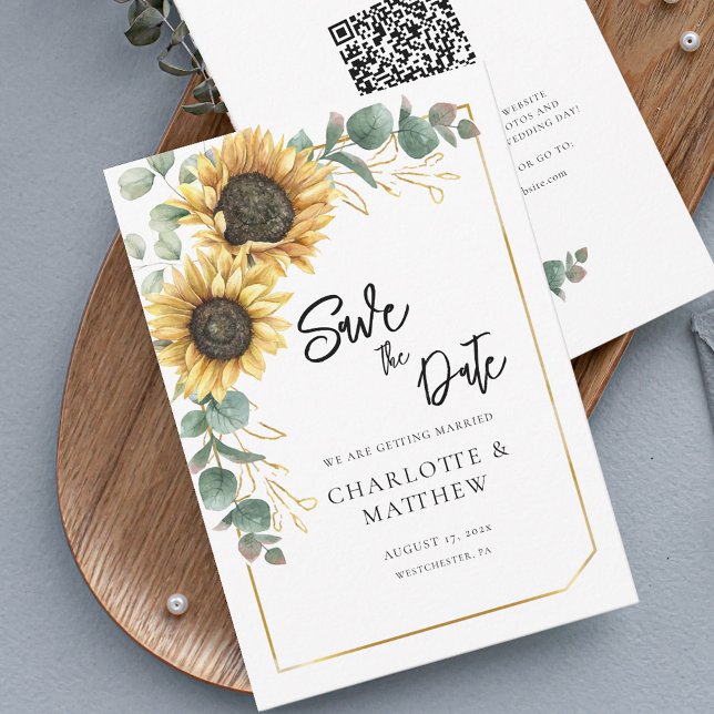 Código Rustic Sunflower QR Casamento Salvar Data (Save the Date Wedding Sunflower Floral Eucalyptus Greenery Script Announcement)