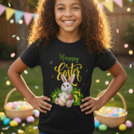 Coelhinho da Páscoa Feliz Girassóis Camiseta Preta
