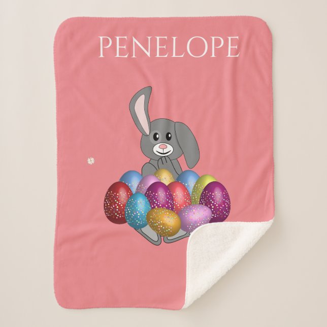 Coelhinho de ovos coloridos com cobertor de sherpa (Frente)