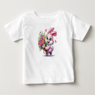 Coelhinho Rosa Adorável com Camiseta Menina Flores