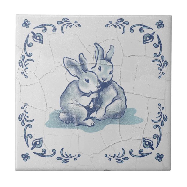 Coelhinhos Amigáveis de Cerâmica Azulejo Delft (Frente)