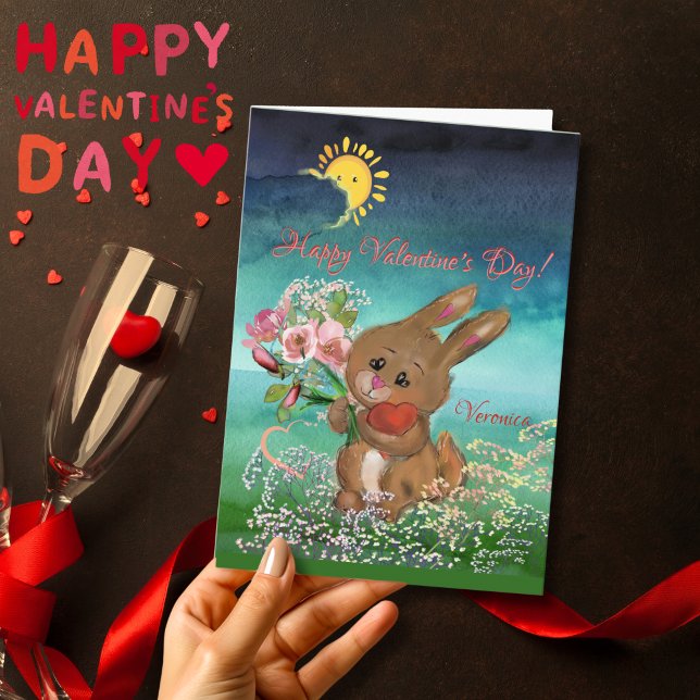 Coelho com flores cartão do dia dos namorados (Bunny with heart and flower for Valentine's Day Card , for kids, sister, mother, lover, girlfriend)