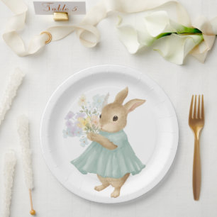 coelho fofo vintage com flores Prato de Papel