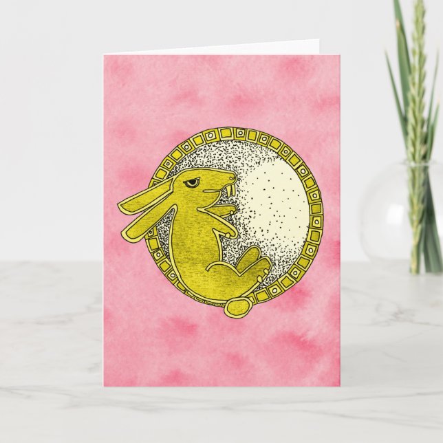 Coelho no cartão da lua (rosa e amarelo) (Frente)
