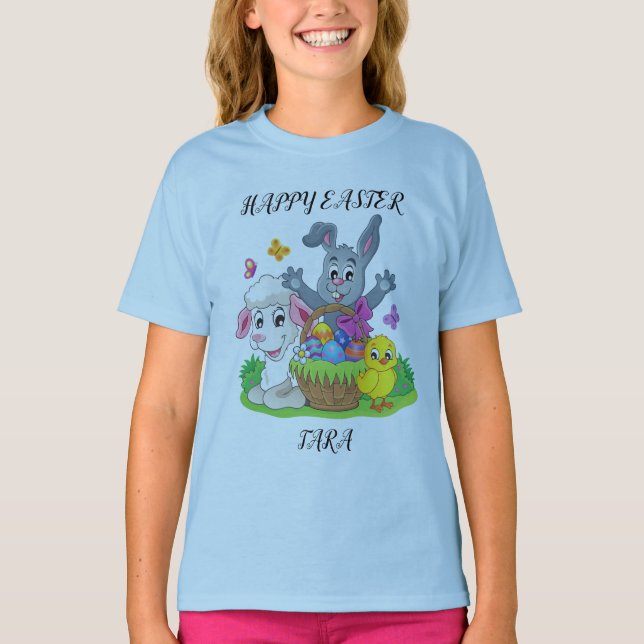 Coelho Páscoa, camisa da quebra-cabeça e pintinho. (Frente)