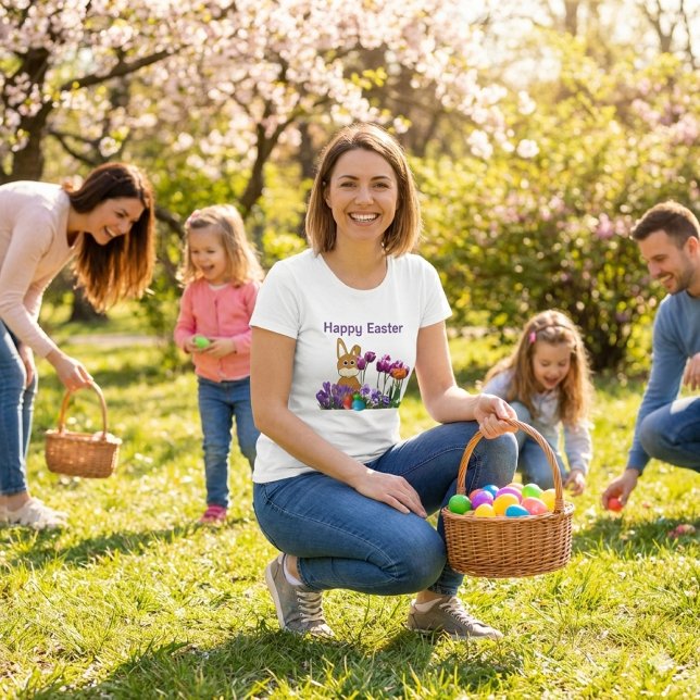 Coelho Páscoa com Tulip Flowers Feriado T-Shirt (Happy Easter T-shirt with purple tulips and cute bunny )