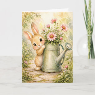Coelho Peekaboo Regando Flores Aquarela Cartão em