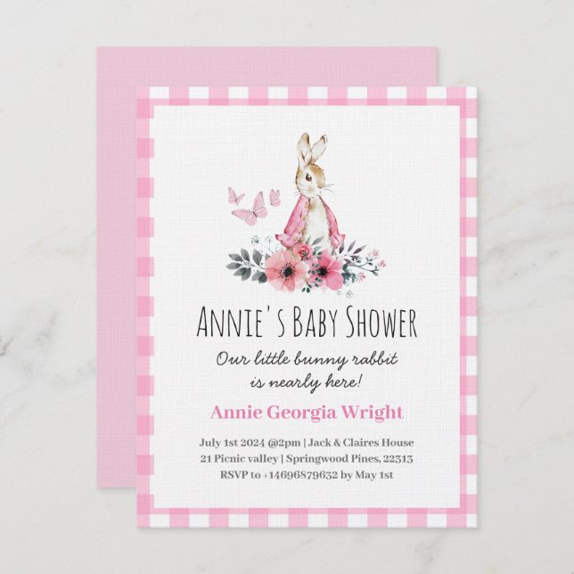 Coelho Rosa Peter chá de fraldas de Convite (Frente/Verso)