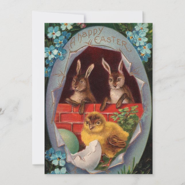 Coelhos da Páscoa e Convite Vintage de Pintinho (Frente)