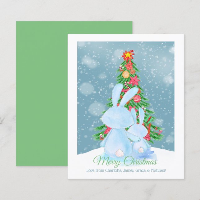 Coelhos de coelho de Natal com árvore na neve (Frente/Verso)