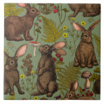 Coelhos e flora florestal Azulejo cerâmico<br><div class="desc">Coelhos desenhados à mão e flora da floresta ferem cogumelos,  berianos e insetos</div>