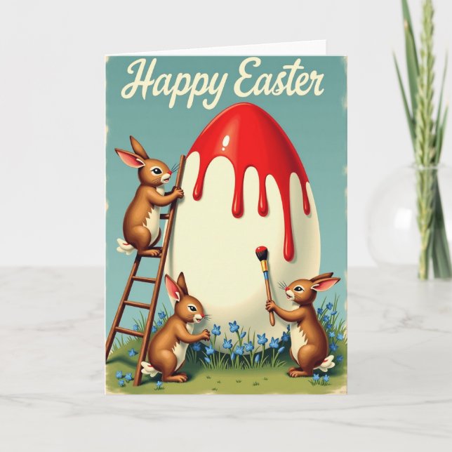 Coelhos Pintando Cartão de Ovos da Primavera (Frente)