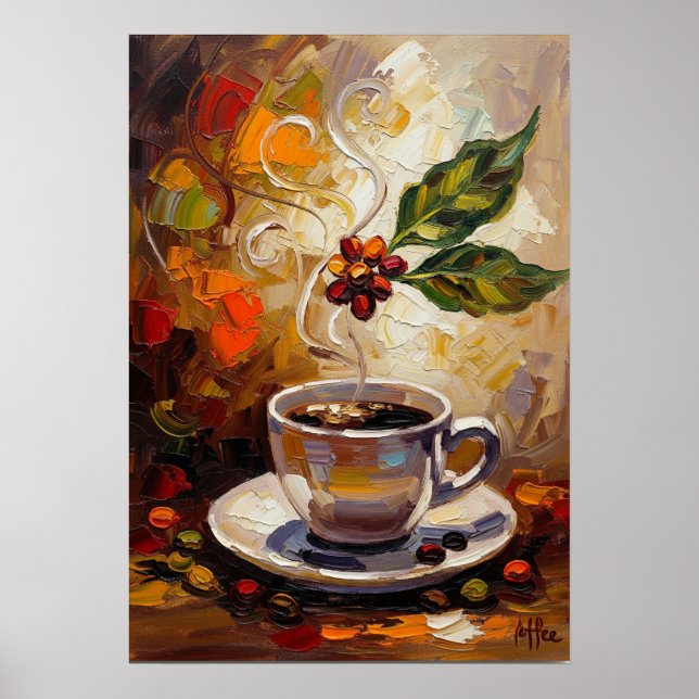 Coffee Art: Steaming Mug & Cherry Branch Poster (Frente)