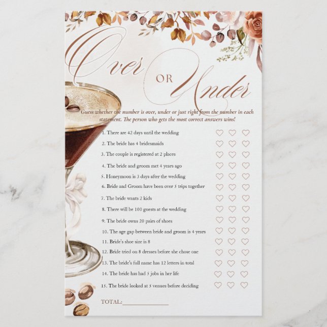 Coffee Martini Over or Under Bridal Shower Game (Frente)